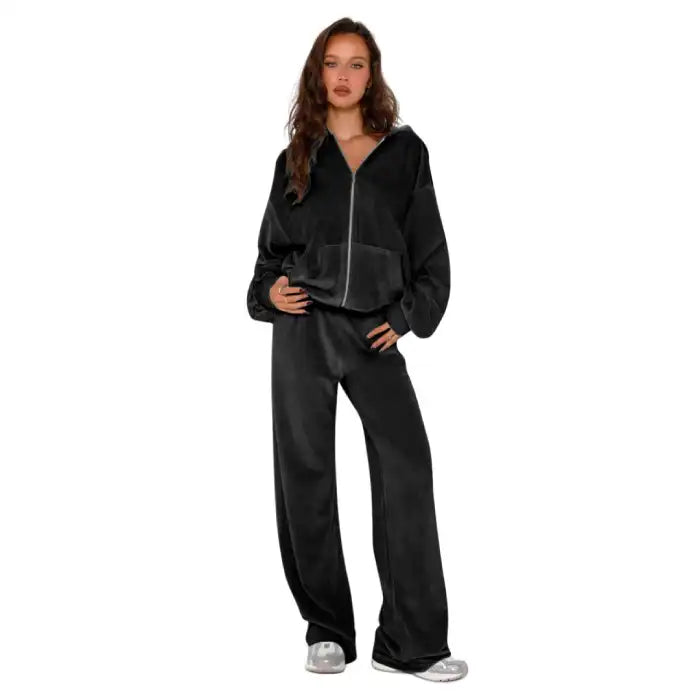 velour tracksuit womens in black, plush zip hoodie with pockets and relaxed pants for effortless street-to-sofa comfort