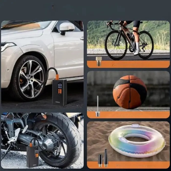 Collage showing portable inflator used for car tires, bicycle tires, motorcycle tires, and inflatable toys