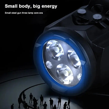 Multi-use LED flashlight showcased with examples of camping, hiking, and mechanic work.