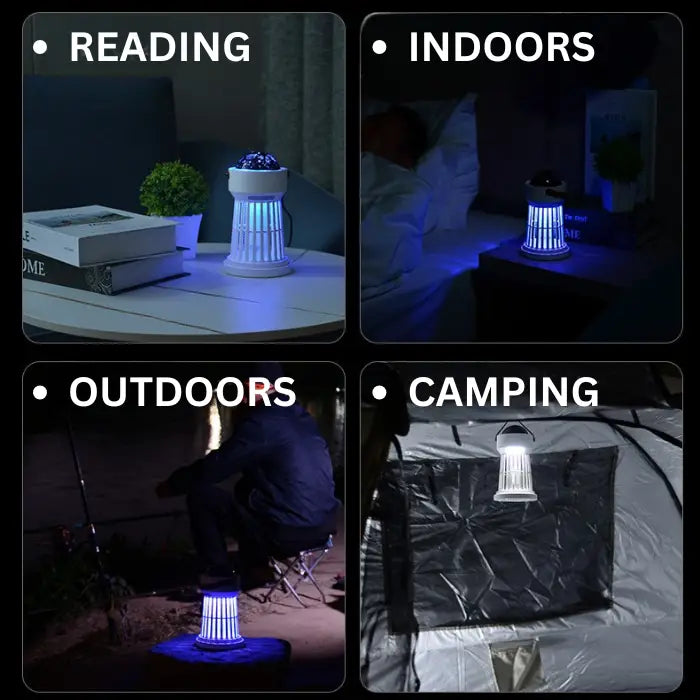 versatile mosquito trap shown in use for reading, indoors, camping, and outdoors.