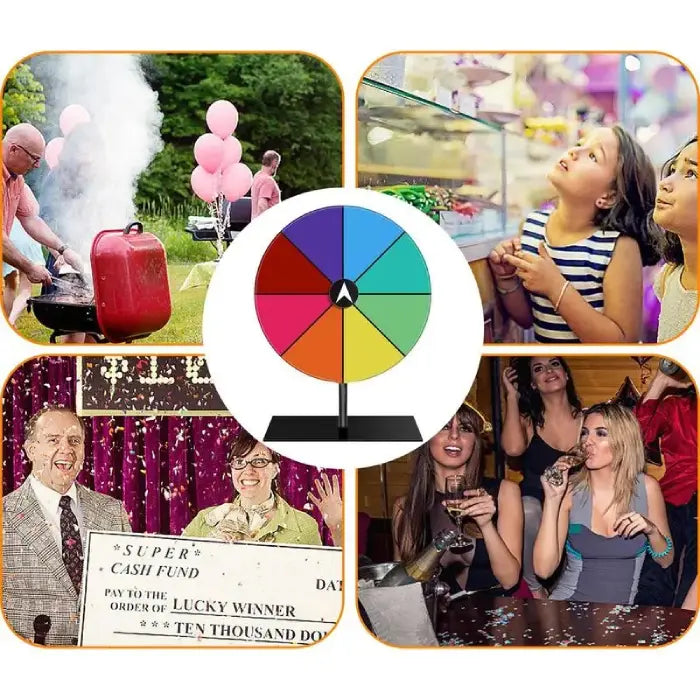 Collage showcasing colorful spin wheel used at various events like parties, carnivals, and celebrations.