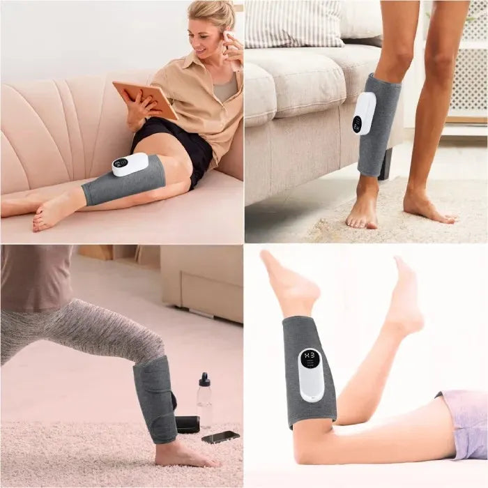 Versatile wireless calf compression massager shown in various positions for home therapy and relaxation comfort