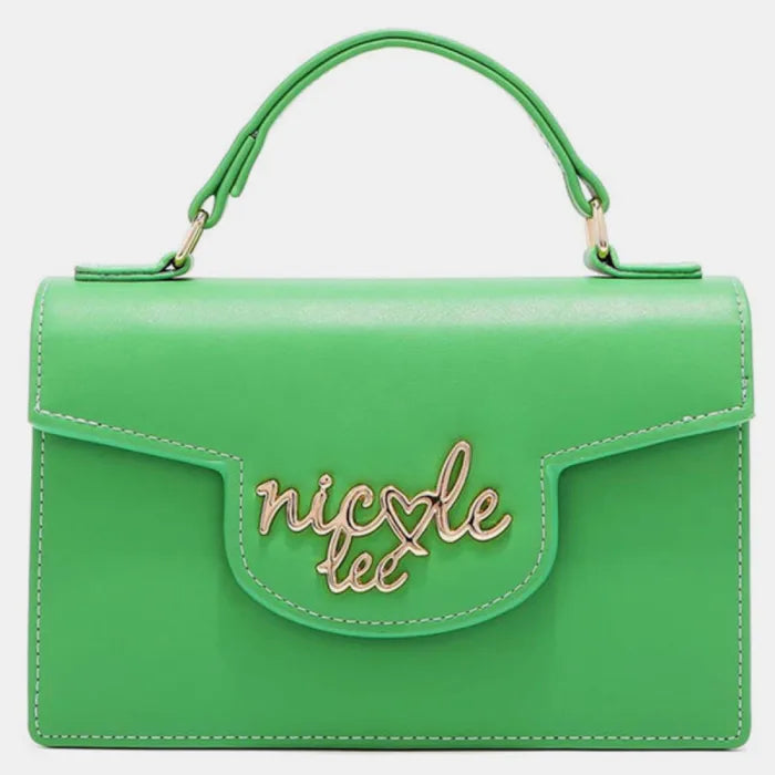 Bright green leather handbag with top handle, gold hardware, and cursive logo on front flap pocket