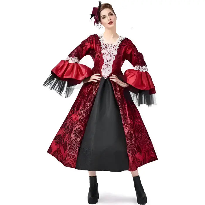 Victorian lady Halloween costume with red brocade gown and lace trim.