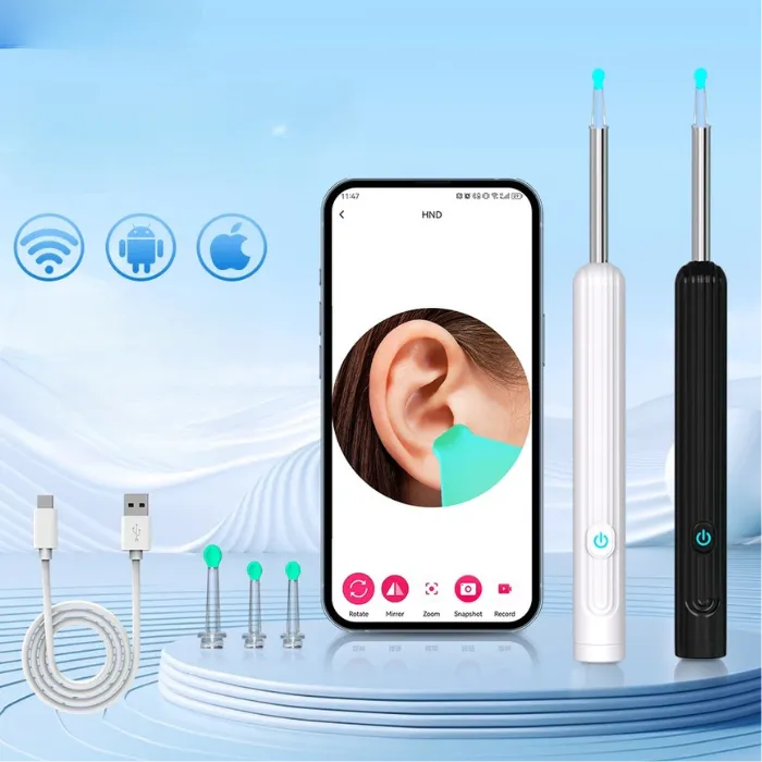 Smart visual ear cleaner with WiFi, HD camera, and USB-C charging features displayed.