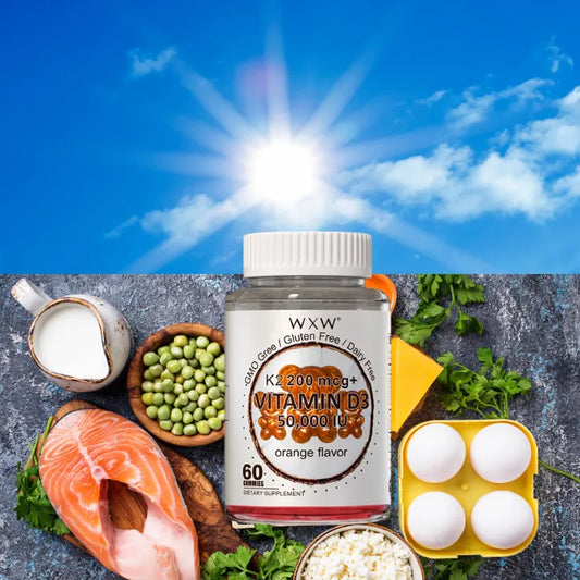 Bottle of Vitamin D3 50,000 IU and K2 200 mcg orange flavor gummies for bone and heart health.