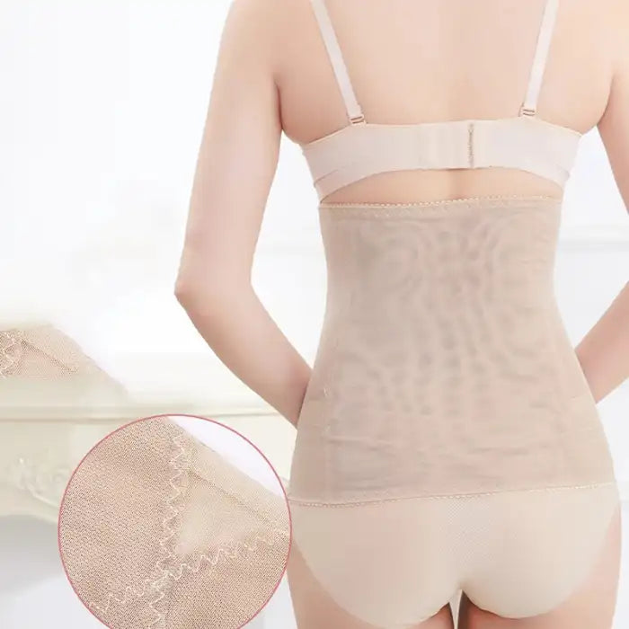 Waist cincher shapewear back view worn by model with close-up of stitching detail