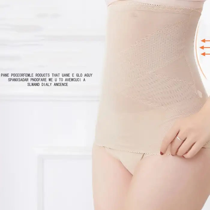 Waist cincher shapewear shown on model's waist with contour lines and shaping support