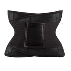 Waist trainer in full black with firm structure and wide velcro for compression and body shaping.