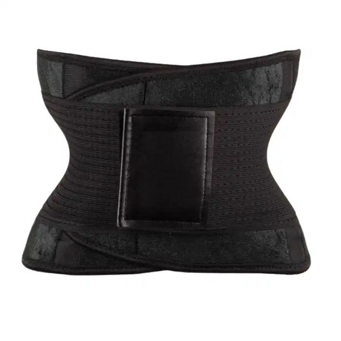 Waist trainer in full black with firm structure and wide velcro for compression and body shaping.