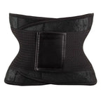 Black waist trainer with velcro corset design and durable material for shaping and compression control.