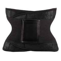 Black waist trainer with velcro corset design and durable material for shaping and compression control.