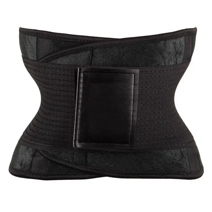 Black waist trainer with velcro corset design and durable material for shaping and compression control.