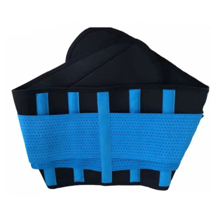 Waist trainer in blue and black mesh with vertical boning for breathable lumbar and waist compression.