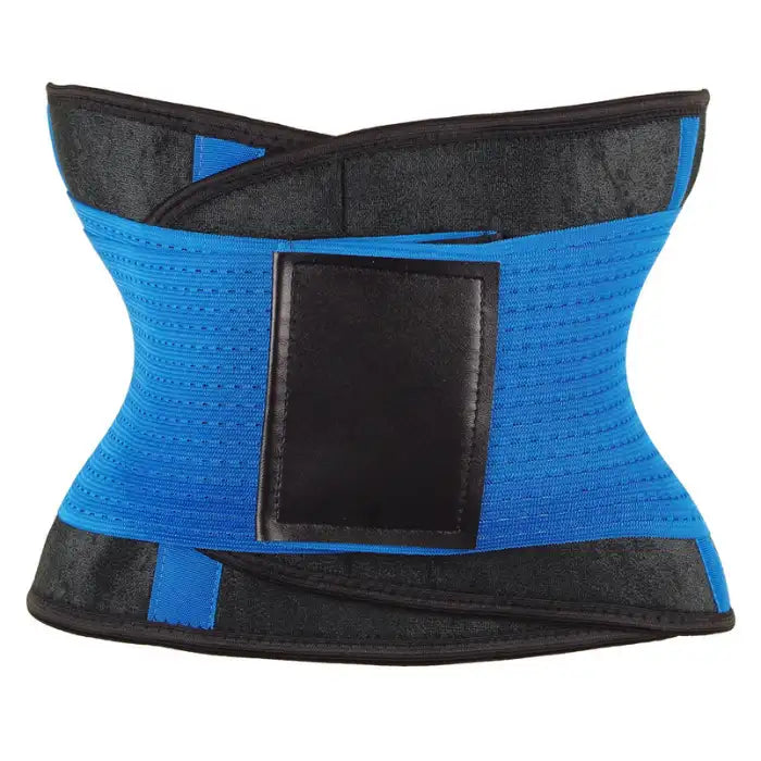 Blue waist trainer with wide black velcro strap for adjustable compression and waist slimming use.