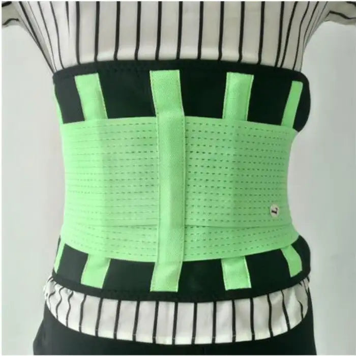 Waist trainer in neon green color with vertical boning strips for strong lumbar support and waist shaping.