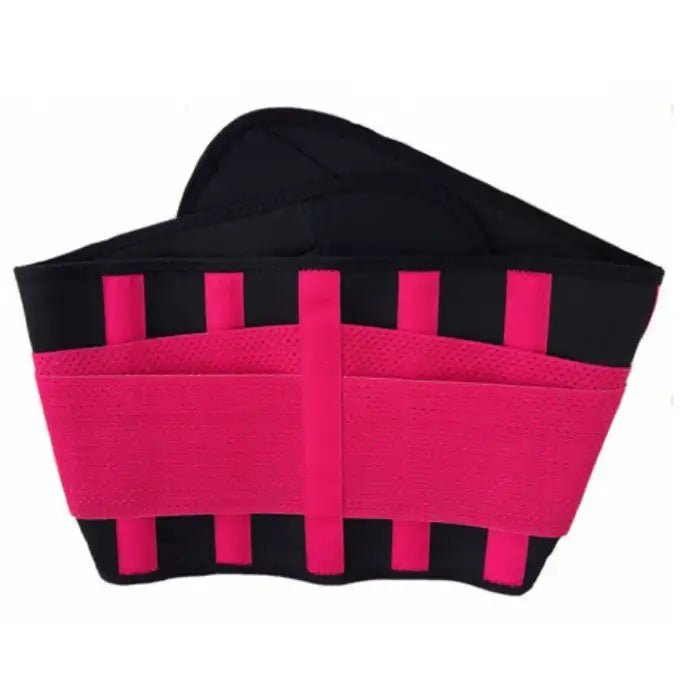  Waist trainer in hot pink and black featuring reinforced back support strips and breathable mesh fabric.