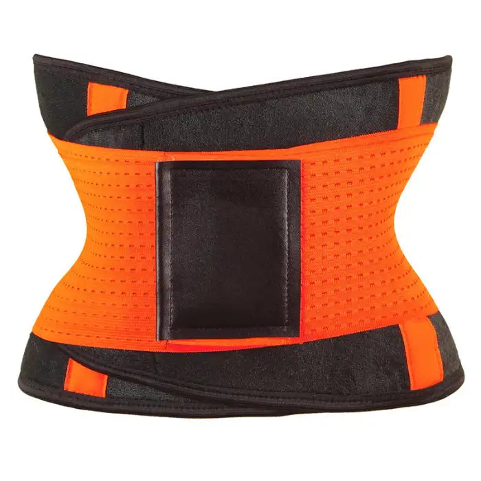 Orange waist trainer with cross-strap design offering high compression and shaping support for workouts.