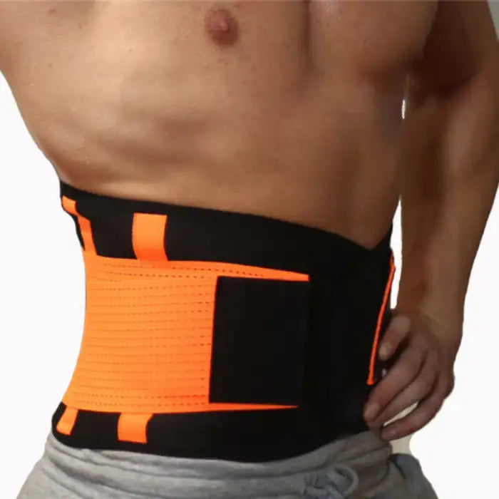 Orange waist trainer shown on male model, ideal for workout compression and back posture correction.