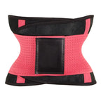 Bright pink waist trainer with contoured shape and velcro closure for slimming and waist shaping effect.