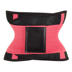 Bright pink waist trainer with contoured shape and velcro closure for slimming and waist shaping effect.