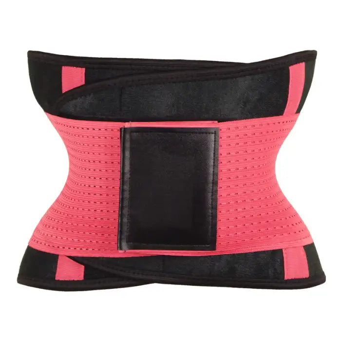Bright pink waist trainer with contoured shape and velcro closure for slimming and waist shaping effect.