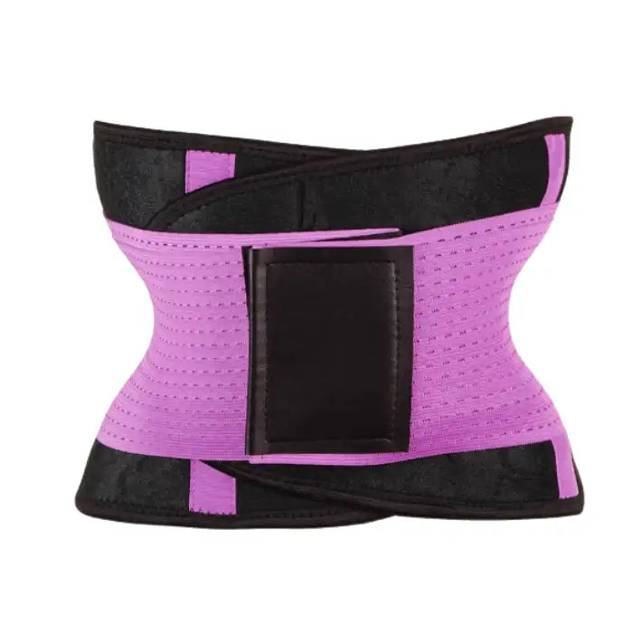 Waist trainer in purple and black with cross strap velcro design for workout and waist compression use.