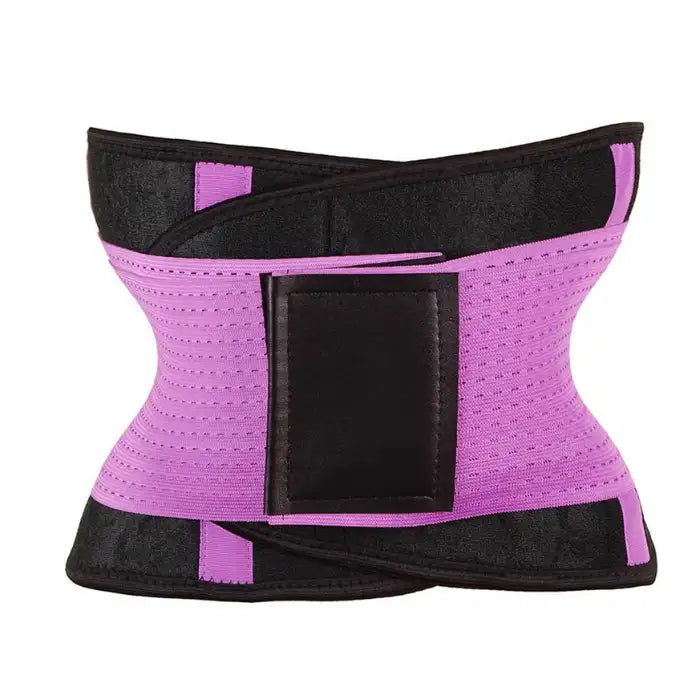 Purple waist trainer with black accent panels and strong velcro support for shaping and workout use