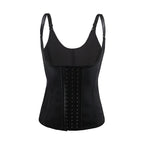 Waist trainer vest shown on model from the side, highlighting sculpted waist compression and smooth torso shaping