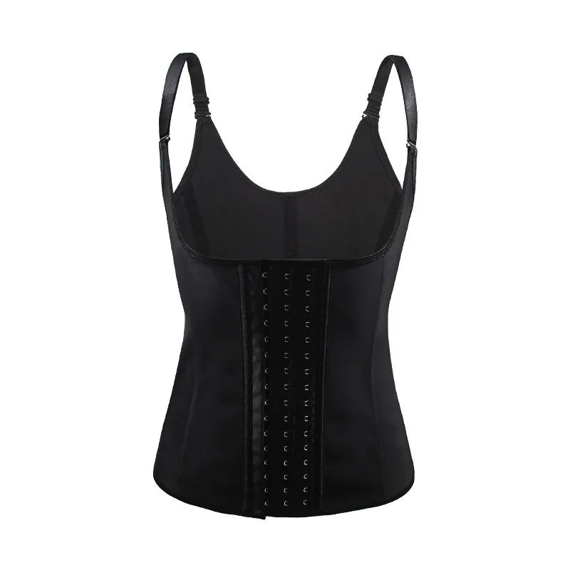 Waist trainer vest shown on model from the side, highlighting sculpted waist compression and smooth torso shaping