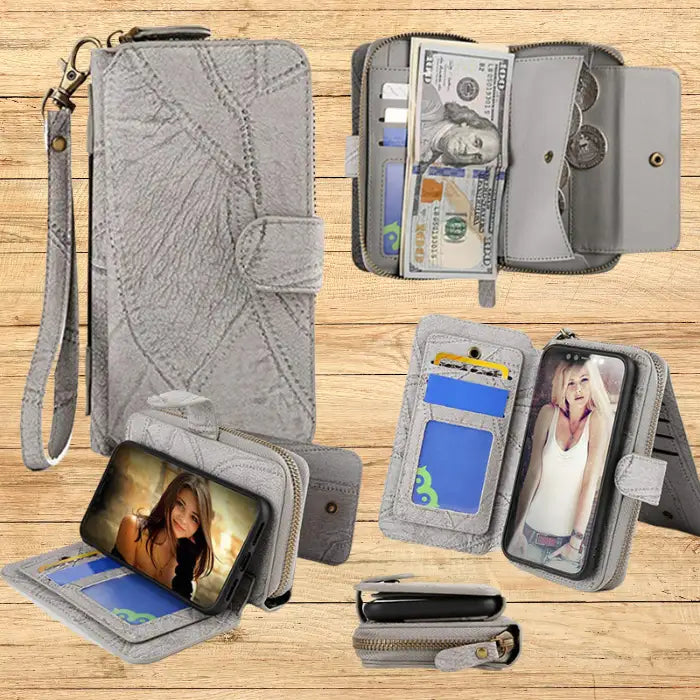 Wallet iPhone case with complete organization system including cash pocket, coin section, multiple card slots and magnetic phone mount