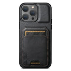 Back view of black wallet phone case with stitched card pocket and raised camera protection.