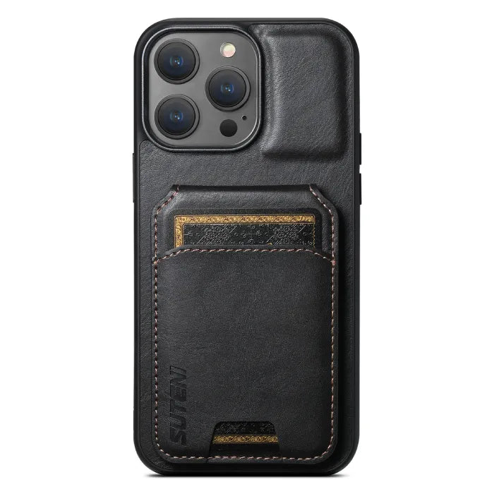 Back view of black wallet phone case with stitched card pocket and raised camera protection.