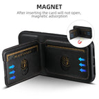 Black wallet phone case showing magnetic card slots with secure magnetic lock and leather stitching.