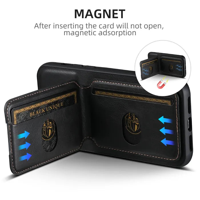 Black wallet phone case showing magnetic card slots with secure magnetic lock and leather stitching.