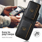Wallet phone case in black used for contactless swipe at POS terminal, supports quick card access.