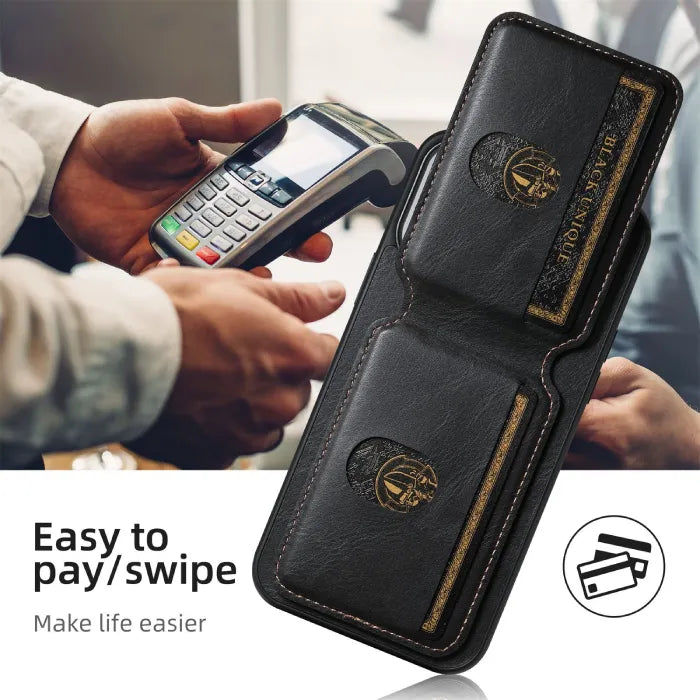 Wallet phone case in black used for contactless swipe at POS terminal, supports quick card access.