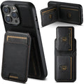 Black wallet phone case with foldable card holder flap and detailed view of interior card slots.