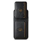 Closed black wallet phone case featuring foldable design and visible golden-embossed cards.
