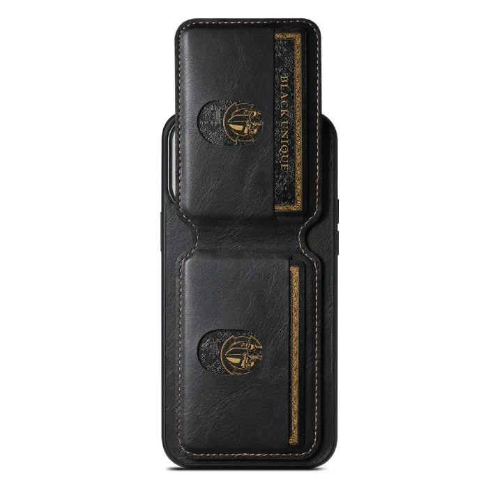 Closed black wallet phone case featuring foldable design and visible golden-embossed cards.