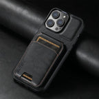 Premium black leather wallet phone case with stitched card slot and secure magnetic closure.