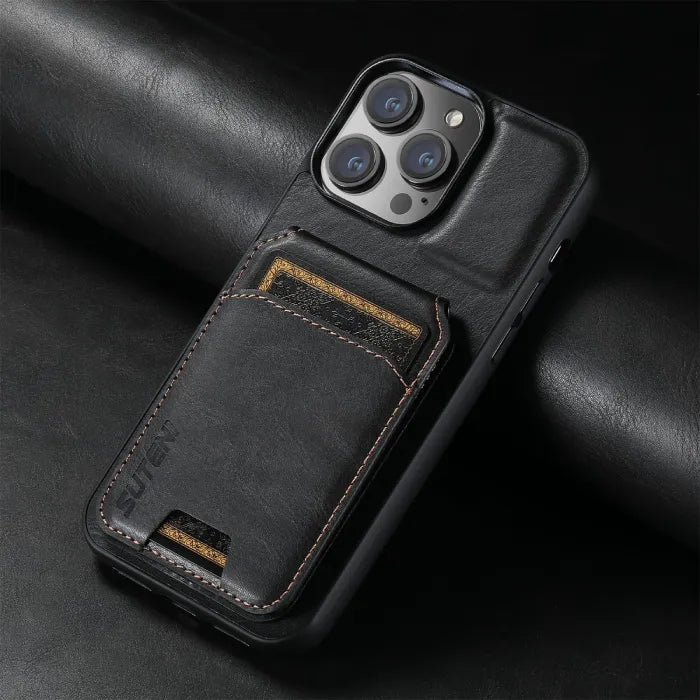 Premium black leather wallet phone case with stitched card slot and secure magnetic closure.