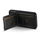 Black wallet phone case open to reveal dual card slots and detailed stitching on both panels.