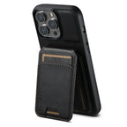 Black wallet phone case in kickstand position with rear card holder and visible stitching.