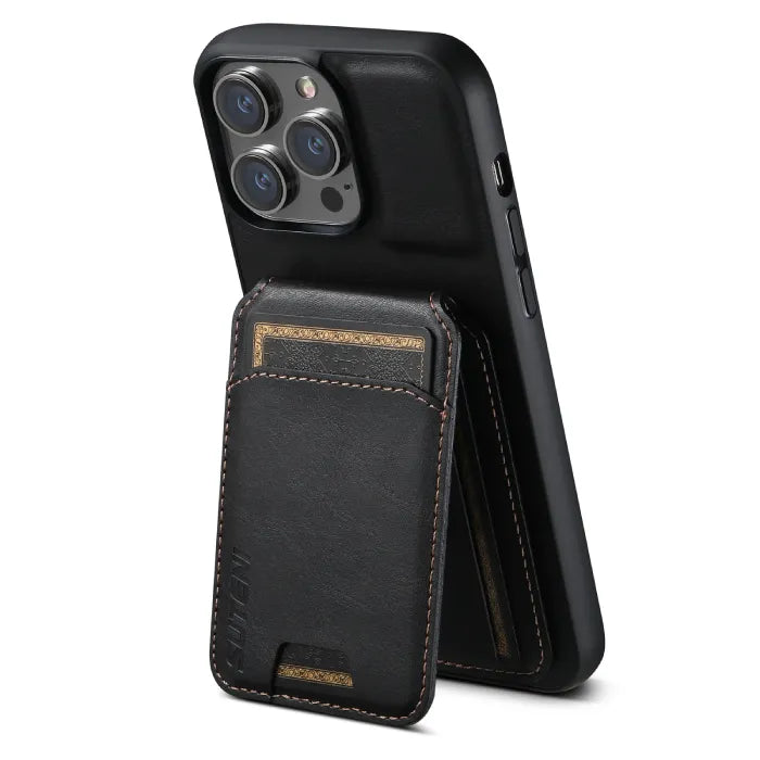 Black wallet phone case in kickstand position with rear card holder and visible stitching.