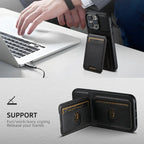 Black wallet phone case in office setup shown in kickstand and flat-open mode with card slots.