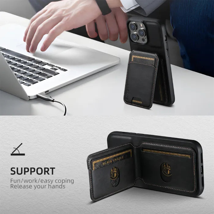 Black wallet phone case in office setup shown in kickstand and flat-open mode with card slots.