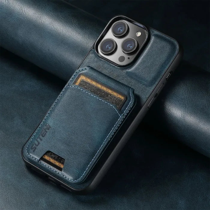 Blue leather wallet phone case with rear card pocket, fits snugly on phone with elegant finish.