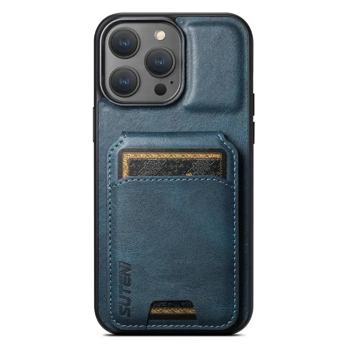 Blue wallet phone case with rear card slot, stylish leather texture, and snug magnetic closure.