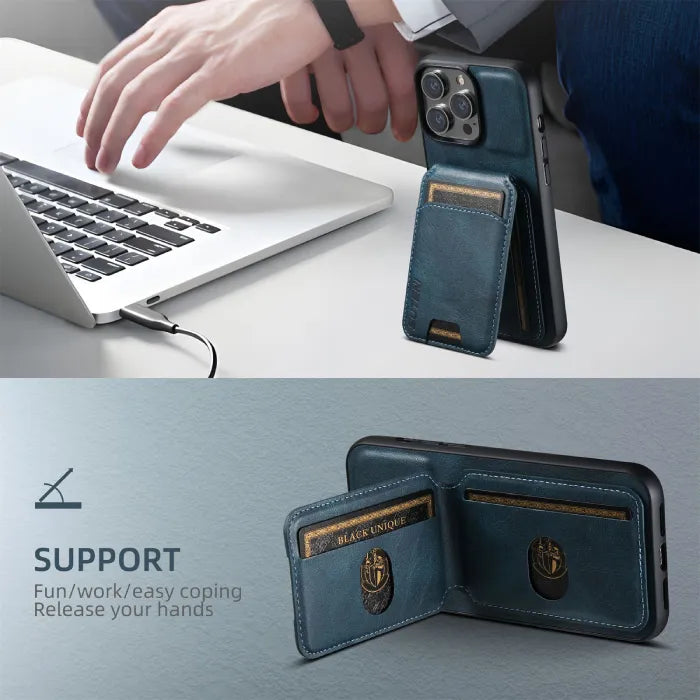 Blue wallet phone case used as desk stand with card slots open, ideal for hands-free work support.
